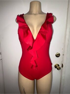 Shan vibrant red one-piece swimsuit Plunge Neckline prominent ruffle Detail 12